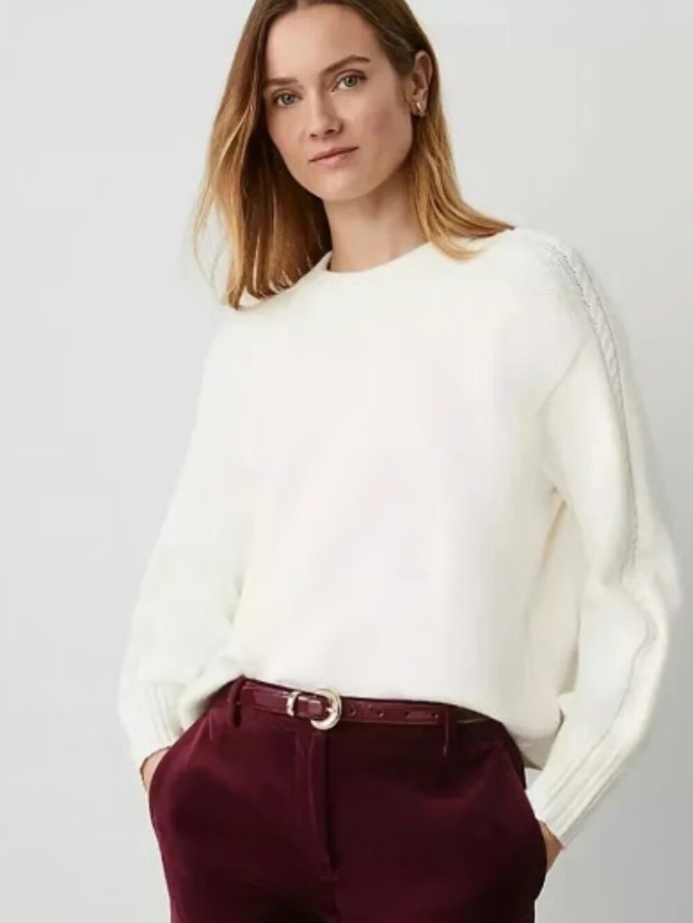ANN TAYLOR WINTER WHITE CREW NECK CABLE SLEEVE DETAIL SWEATER NWT $98 XL